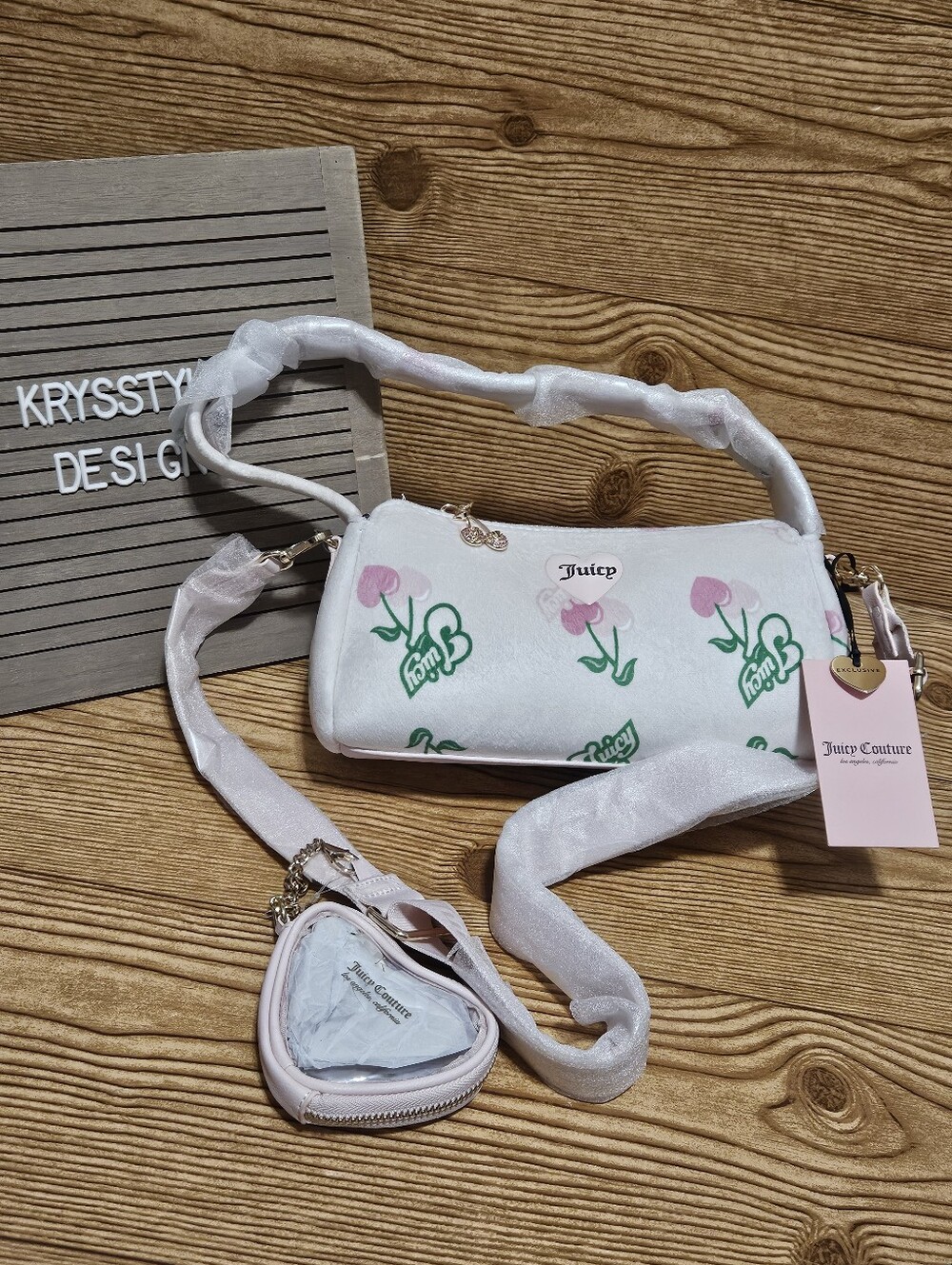Juicy Couture Retro Cherry Velour Barrel Bag And Heart Coin Purse
